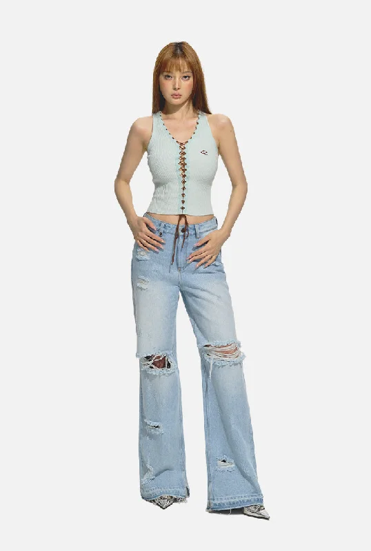 Distressed Straight-Leg Wide-Leg Jeans Trendy Skinny Fit Jeans