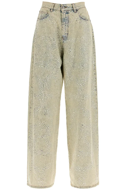 wide leg jeans with rhinestones 03FWDNP049C 03372 BEIGE Chic Double Waistband Jeans