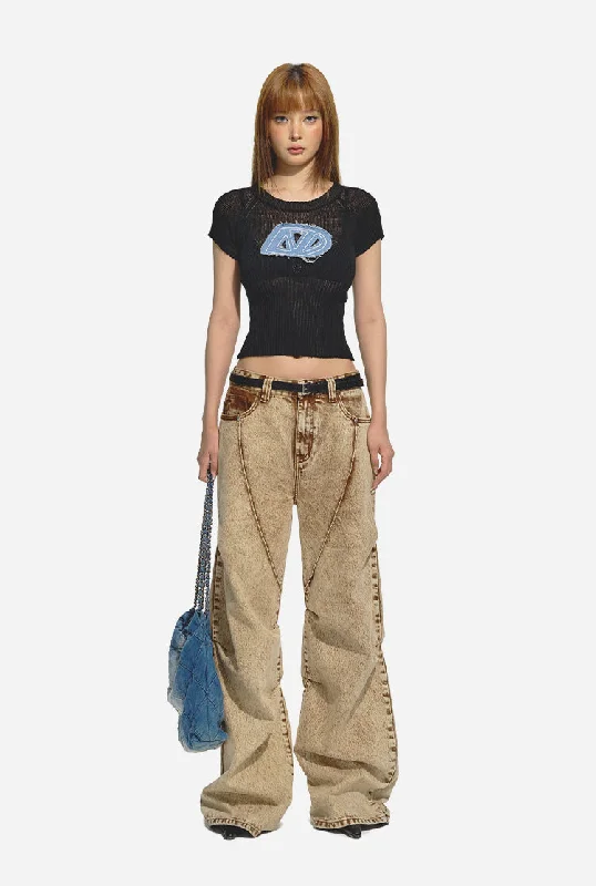 Brown Retro Loose-fit Wide-leg Jeans Stylish Shredded Denim Jeans