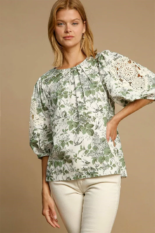 Umgee Floral Pleated Detail Lace Trim Sleeve Blouse In Sage Elegant Office Blouse
