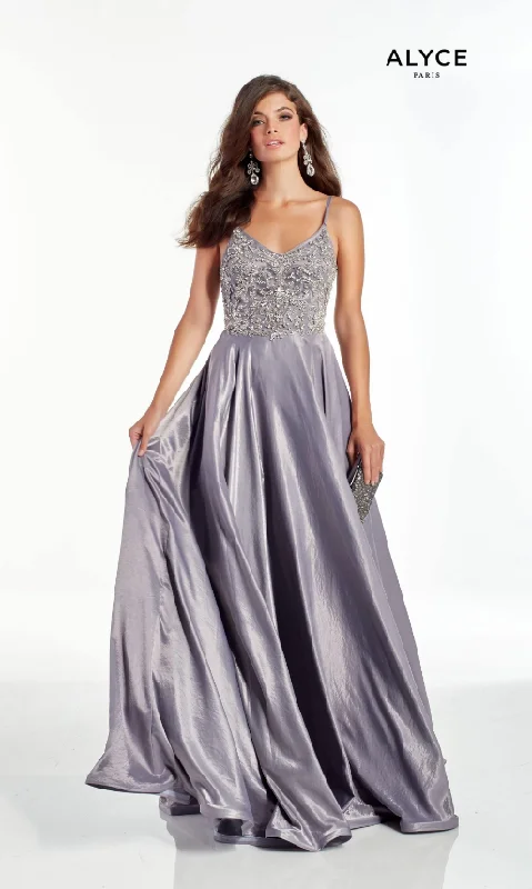 ALYCE Paris 60971 Lilac Grey V-Neck Charmeuse A-Line Dress - Size 10