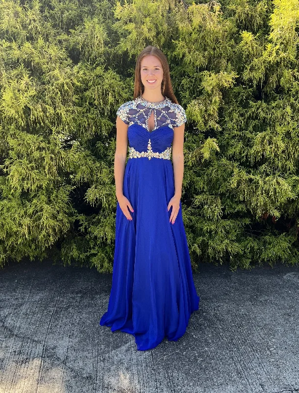 Alyce Paris 6414 Royal Blue Beaded Illusion Neckline Chiffon Prom Dress
