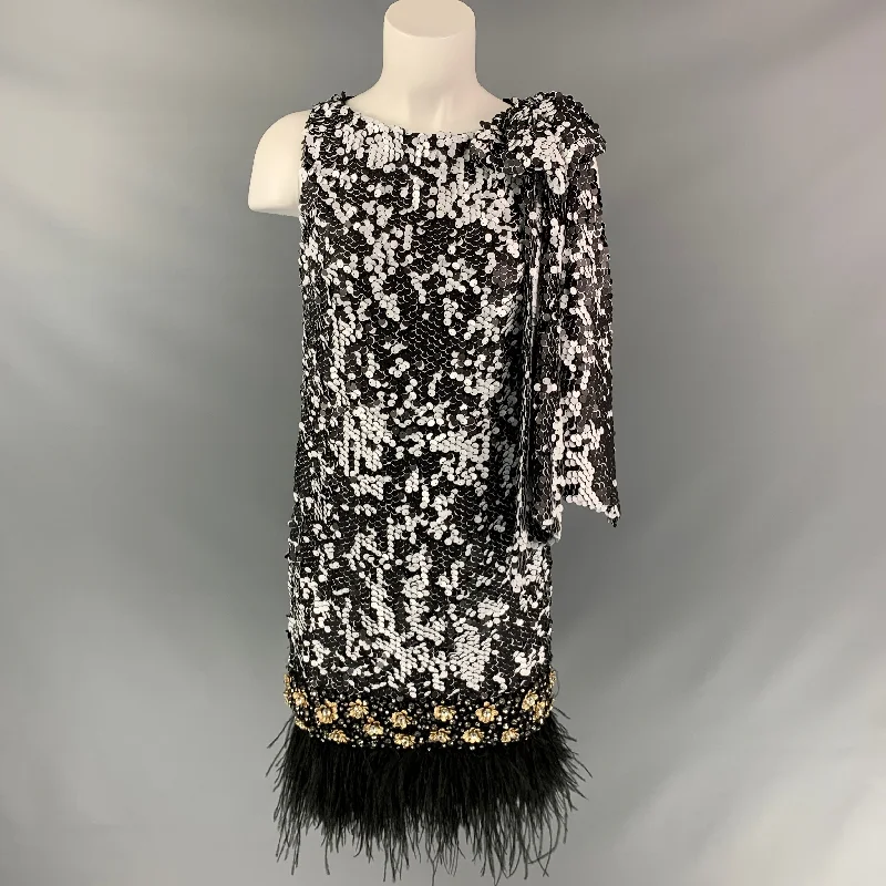 BADGLEY MISCHKA COUTURE Size M Black & White Sequined Bow Fringe Dress