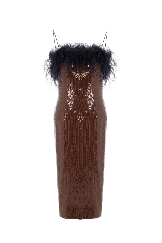 BROWN SEQUINED FEATHER DRESS