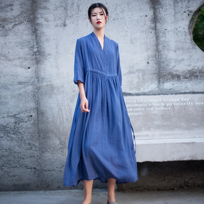 Casual Linen Half Sleeves Drawstring Long Cozy Dresses