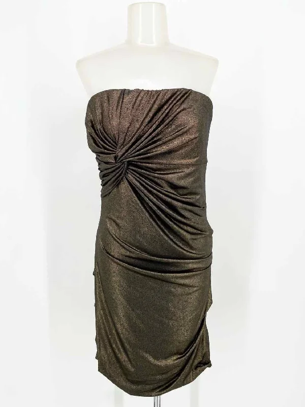 G by Guess Women's Bronze Strapless Metallic Ruched Holiday Size L Dress