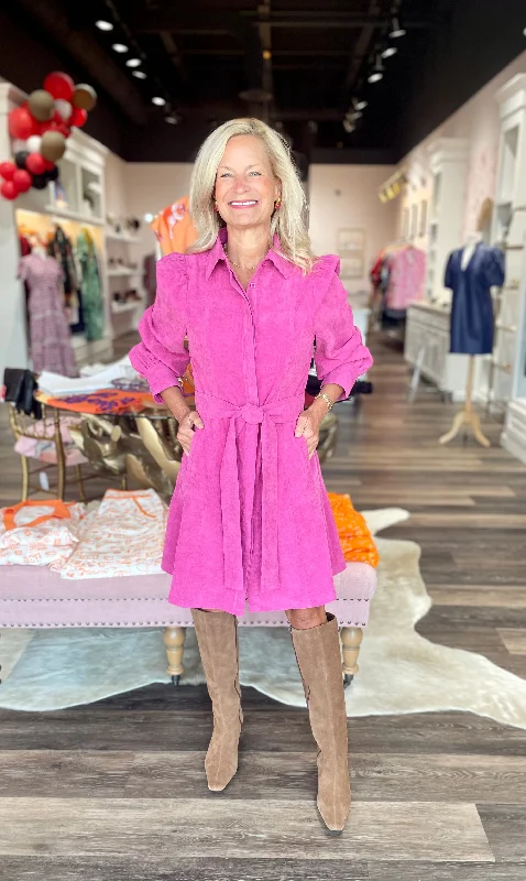 Jade Corduroy Button Up Dress Cerise