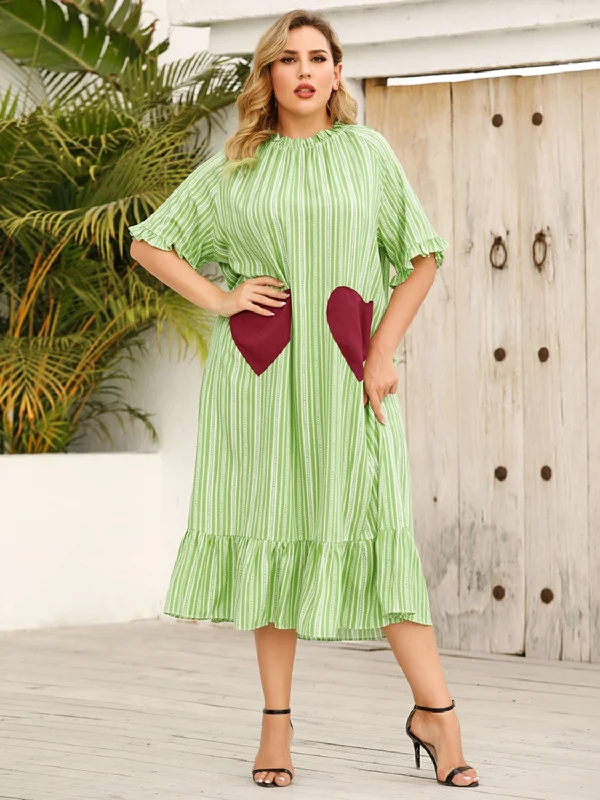 Blue Zone Planet |  Plus Size Frill Heart Striped Half Sleeve Dress