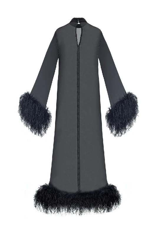 SILK DRESS WITH BLACK FEATHERS