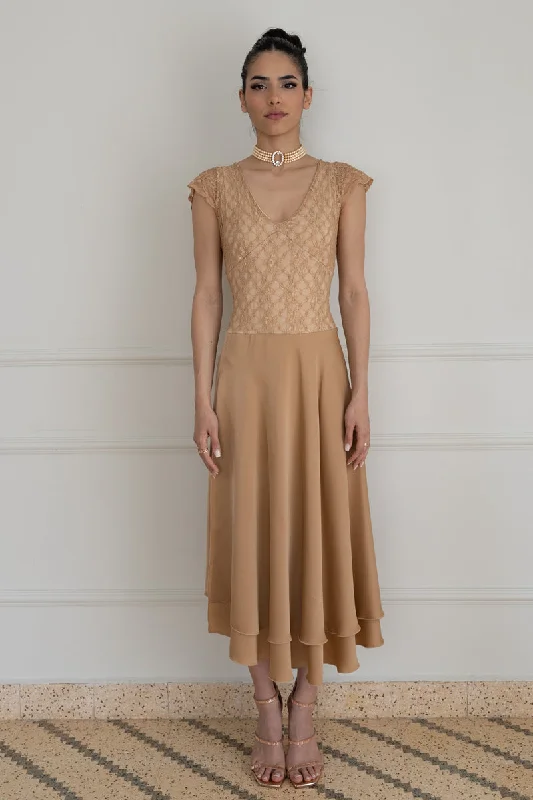 Tan Two-Layer Satin And Lace Backless Dress