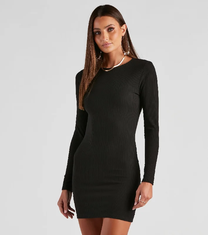 Basic Must-Have Ribbed Knit Mini Dress Trendy Button-Detail Mini Dress