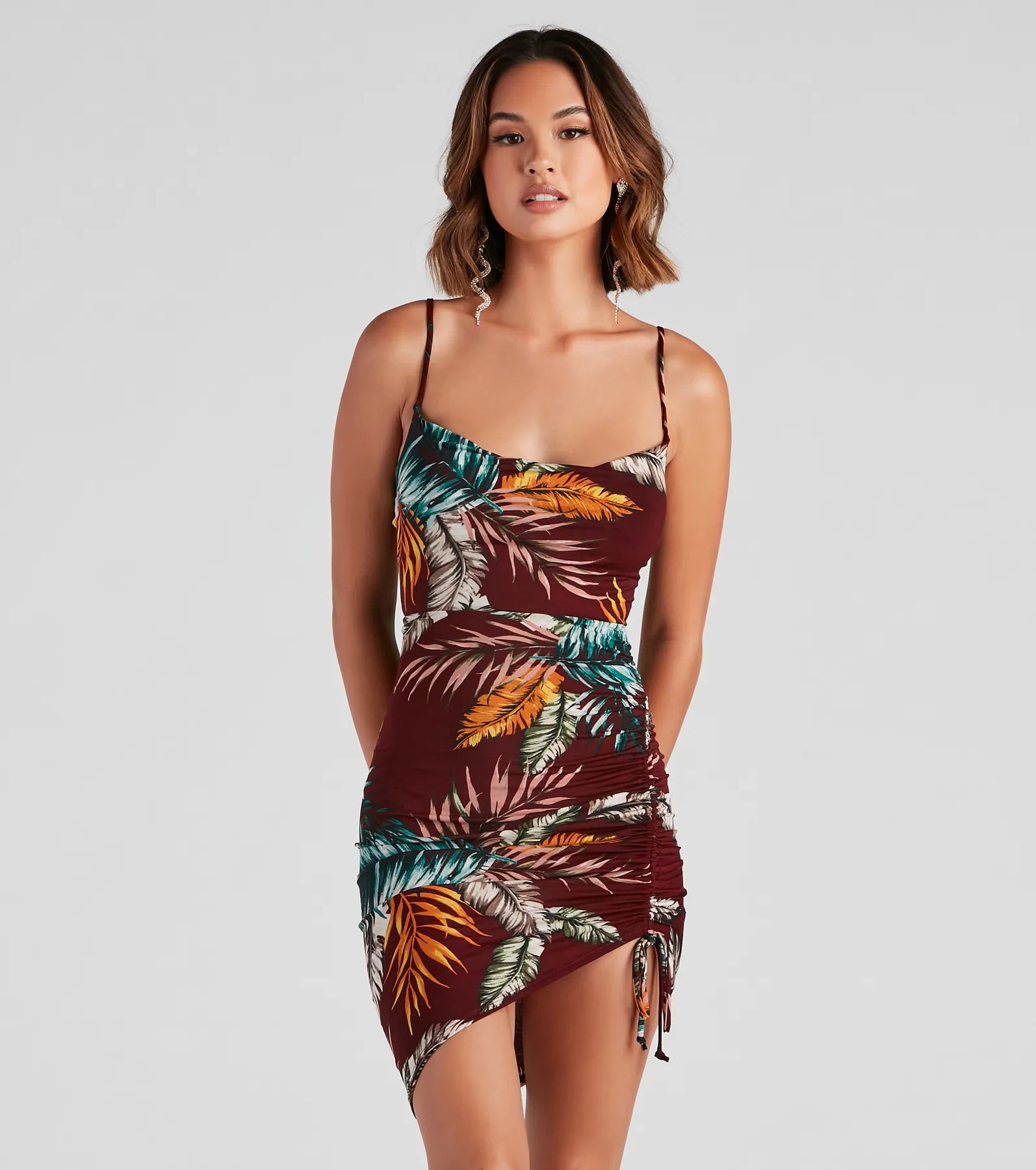 Out Of Office Ruched Mini Dress Trendy Button-Detail Mini Dress